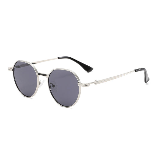 Round metal sunglasses with silver frames and dark gray lenses, featuring black temple tips, on a white background. - Image 7