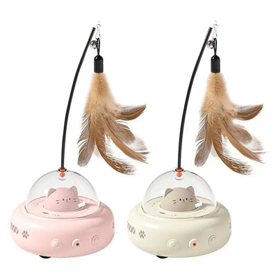 Electric interactive cat toy with a beige base, clear dome, and a cute cat head inside. Features a feather teaser wand with a bell. - Image 14