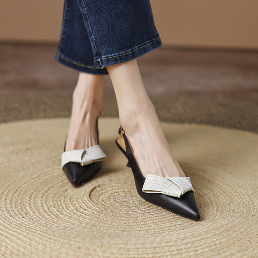 Sandalias Baotou con Tira Trasera, Punta Afilada y Moño de Cuero Genuino - Image 3