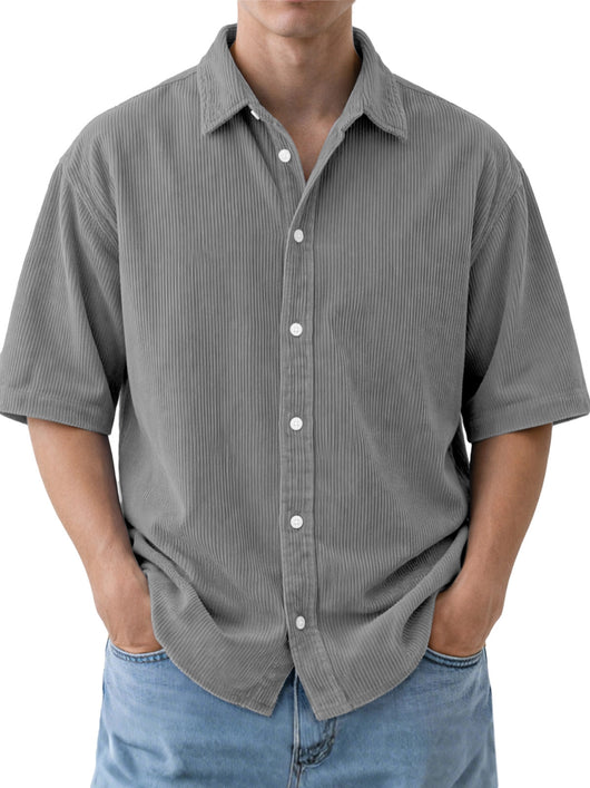 Camisa de Pana Suelta para Hombre - Manga Corta Color Sólido - Image 16
