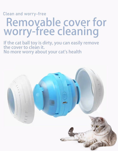 Electric pet toy ball with white and blue design, featuring a flexible arm with a blue feather teaser and a detachable feather. - Image 14
