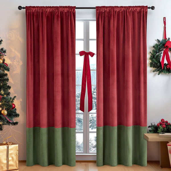 Two-tone olive green and red velvet curtains with rod pockets, hung on a black rod in a Christmas-decorated room. - Image 6