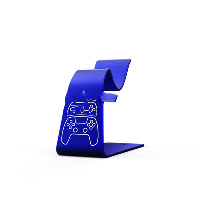 Silver metal gamepad display stand with a white outline graphic of a gaming controller on the front. - Image 13