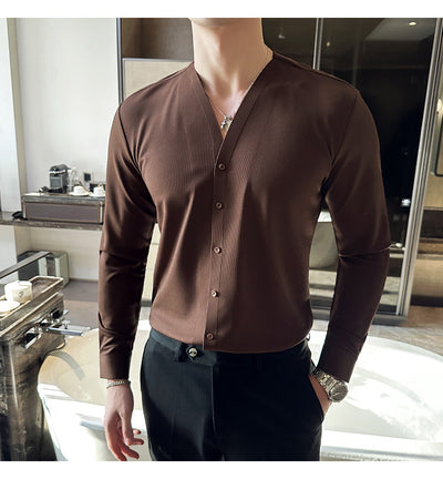 Camisa de Cuello V Manga Larga con Textura Waffle para Hombre - Image 8