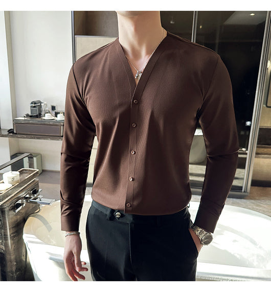 Camisa de Cuello V Manga Larga con Textura Waffle para Hombre - Image 8