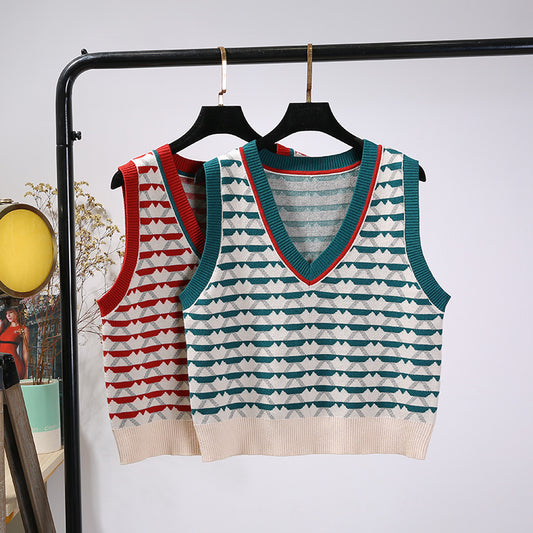 Chaleco Tejido Jacquard con Contraste Retro para Mujer