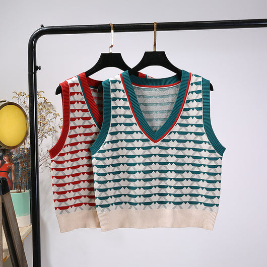 Chaleco Tejido Jacquard con Contraste Retro para Mujer