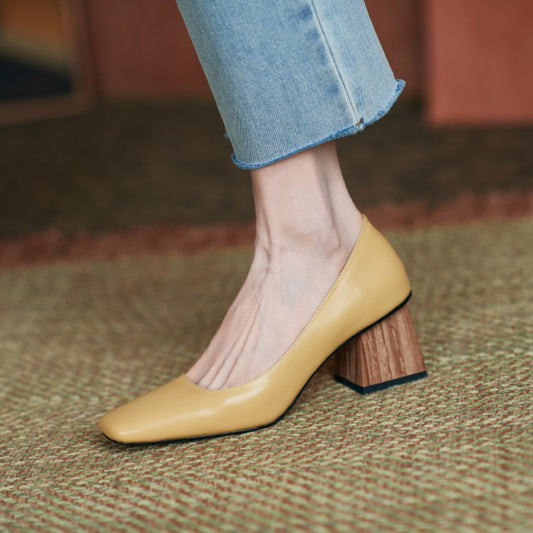 Zapatos de Tacón Alto con Punta Cuadrada en Cuero Grueso