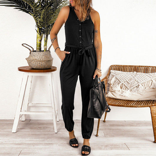 Jumpsuit Mujer Verano Sin Mangas Cuello V con Cintura Ajustable