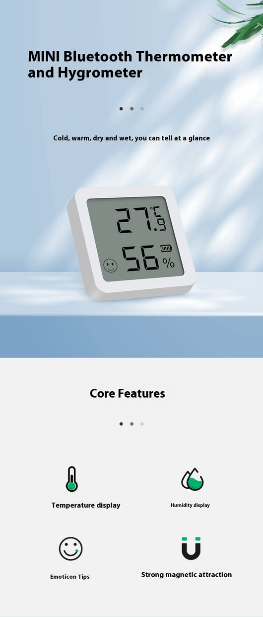 White mini Bluetooth temperature and humidity sensor with LCD display showing 27.9°C and 56% humidity. - Image 9
