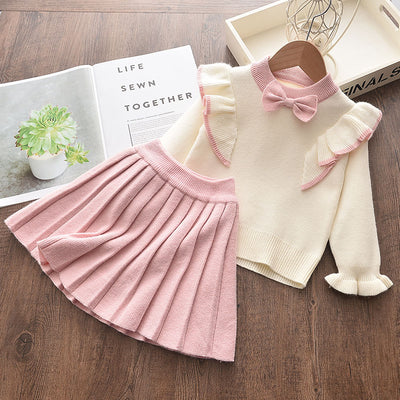 Conjunto de Primavera para Niñas: Suéter Manga Larga, Blusa y Falda con Moño