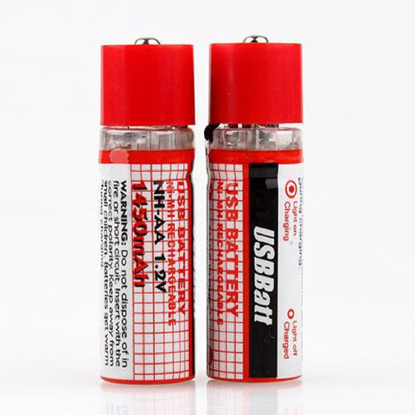 2 Baterías Recargables USB AA 1450mAh 1.2V Ni-MH