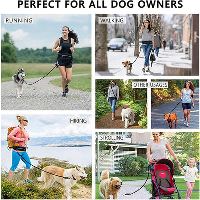Red hands-free dog leash set with a waist belt, zippered phone pocket, and a black shock-absorbing bungee leash. - Image 2