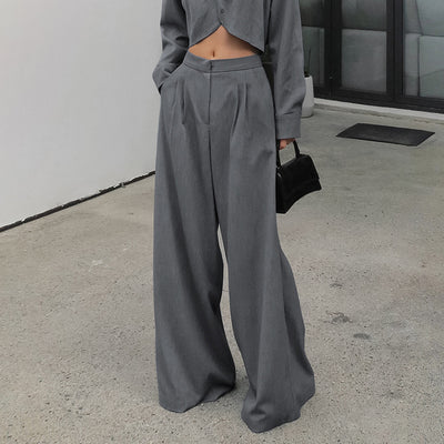 Conjunto de Pantalón Ancho y Blusa Gris de Manga Larga Cintura Alta Efecto Reductor - Image 3