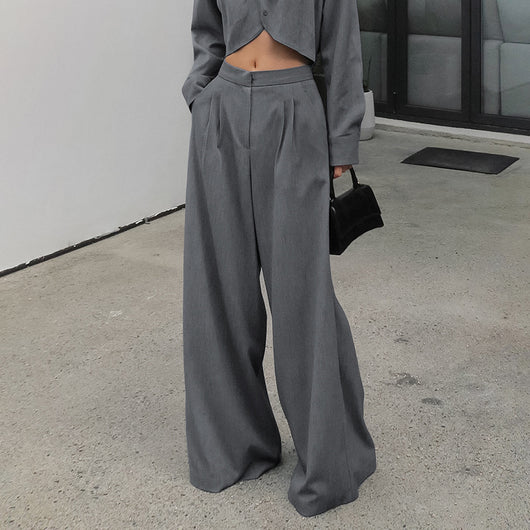 Conjunto de Pantalón Ancho y Blusa Gris de Manga Larga Cintura Alta Efecto Reductor - Image 3