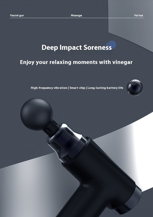 Black mini massage gun with a spherical head attachment and an LCD screen showing "32" with power and intensity buttons. - Image 17