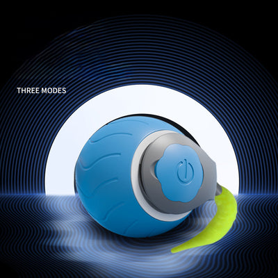 Blue interactive cat toy ball with a lime green tail and a power button, designed for indoor cats. - Image 10