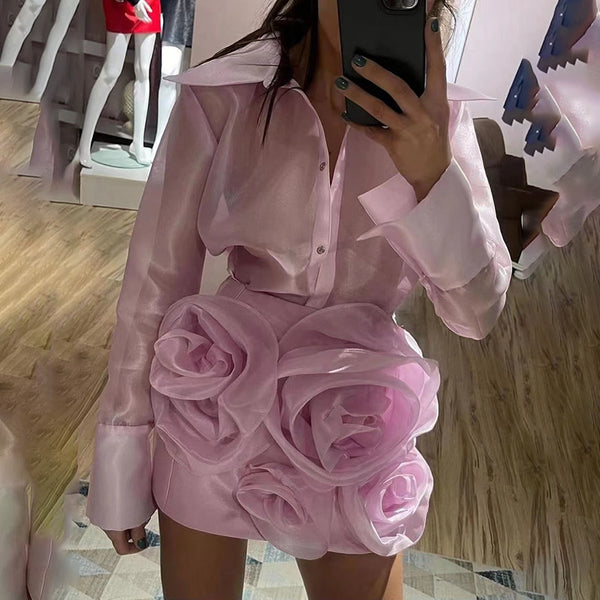 Traje Ejecutivo Mujer con Blusa Transparente y Falda Floral