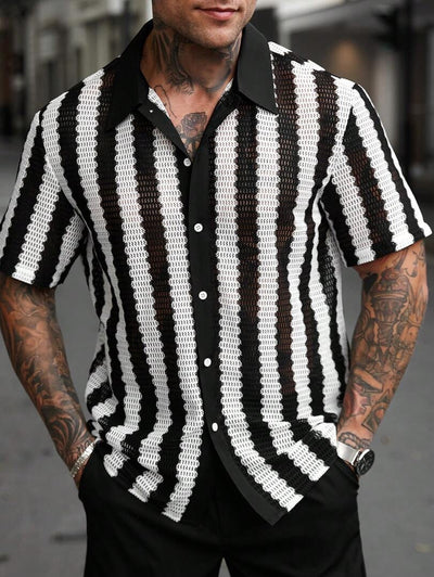 Camisa Manga Corta a Rayas Negras y Blancas con Detalles Calados - Image 7