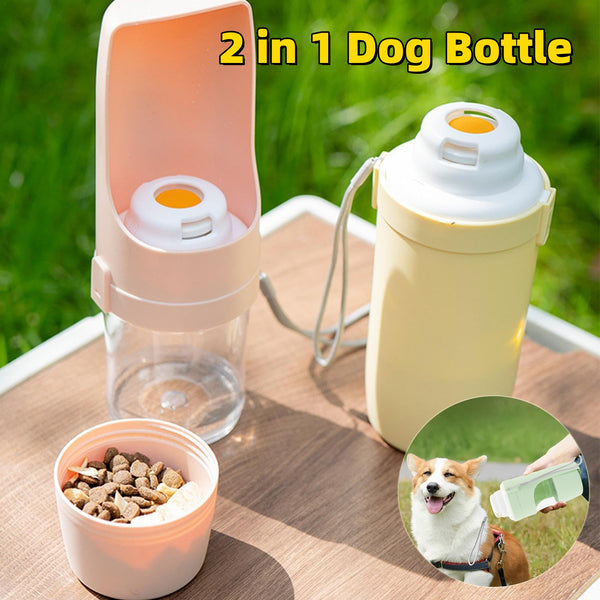 White 2-in-1 travel dog water bottle and food dispenser with a clear compartment and gray lanyard for pets.