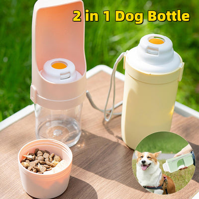 White 2-in-1 travel dog water bottle and food dispenser with a clear compartment and gray lanyard for pets.