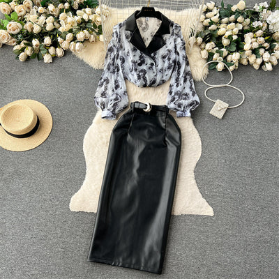 Conjunto Elegante: Blusa de Gasa Floral con Cuello Sastre y Falda Ajustada de Cuero PU - Image 3
