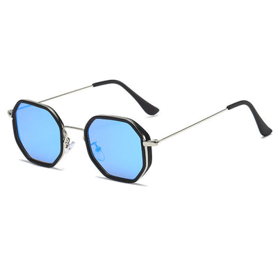 Men's personalized polygon sunglasses with black and gold frame and purple gradient UV resistant lenses. - Image 6