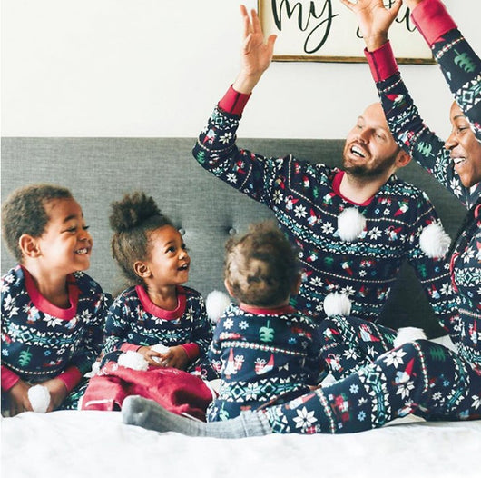 Dad's black long-sleeve pajama set with festive gnome and snowflake fair isle pattern, red trim. - Image 12