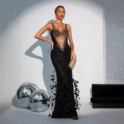 Vestido Sling Negro con Lentejuelas de Pluma - Image 5