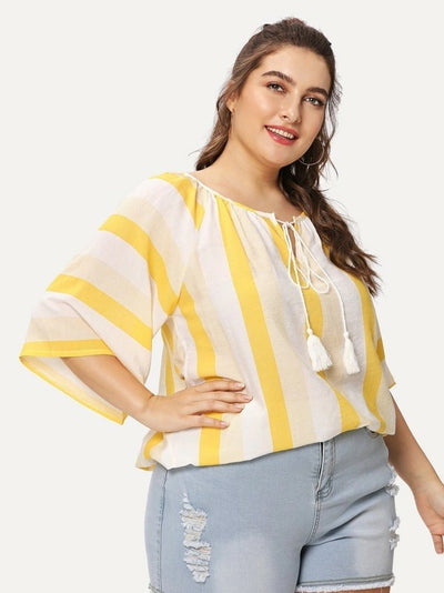 Blusa Rayada Suelta con Manga Corta y Detalle de Flecos - Image 4
