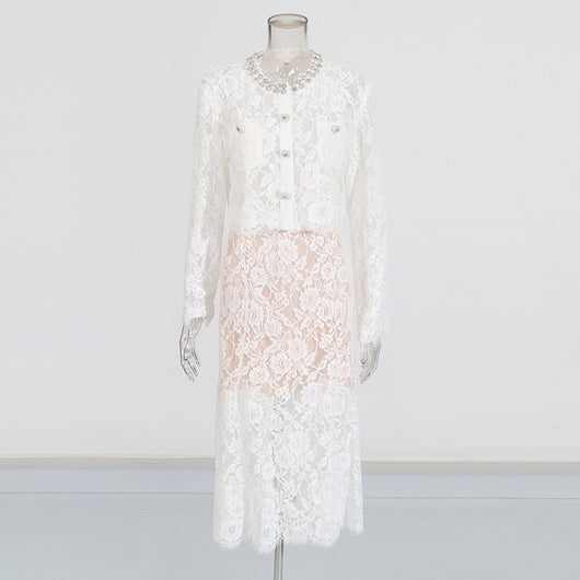 Conjunto Elegante con Blusa de Encaje Diamantado y Falda Cintura Alta - Image 4