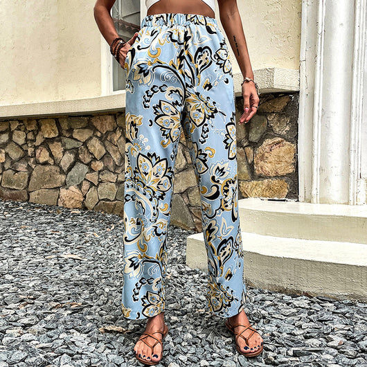 Pantalones Rectos Casuales para Mujer con Estampado Floral y Cordones - Image 8