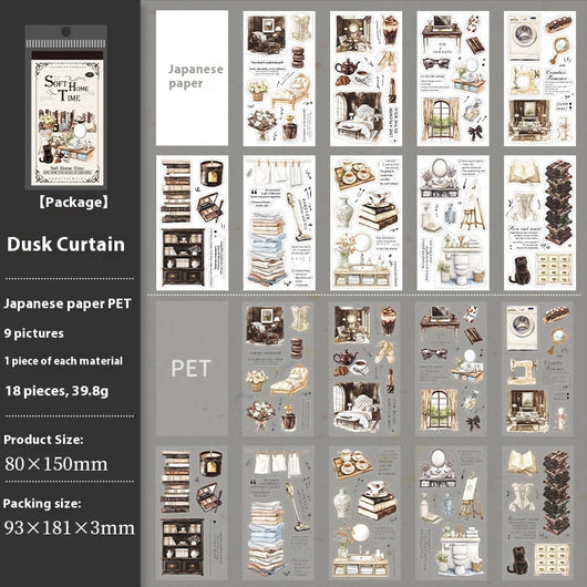 Soft Home Time Series decorative stickers featuring retro-style illustrations of furniture, books, and flowers. - Image 9