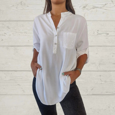 Blusa Casual V-Neck con Bolsillos y Parches Lentejuelas para Mujer - Image 4