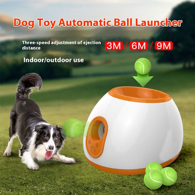 Orange and white pet intelligence ball dispenser with three foam balls, designed as a dog toy.
