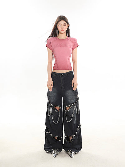 Jeans con Cadena de Remaches Hueca de Diseño Industrial - Image 3