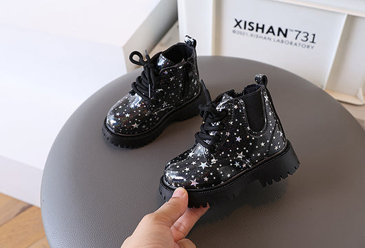 White toddler girls' boots with a holographic star pattern, lace-up front, and side zipper closure. - Image 22