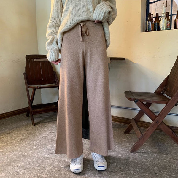 Pantalones Anchos de Punto Suelto con Nueve Puntos de Caída