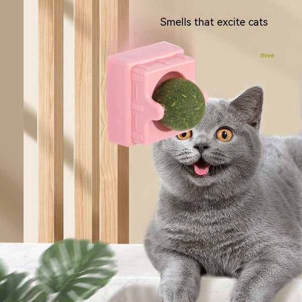 Two spinning catnip balls, one with a green base and one with a blue base, in clear plastic cases.