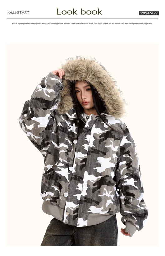 Chaqueta Acolchada de Algodón con Cuello de Pelaje y Diseño Camuflaje Retro - Image 11