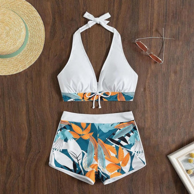Traje de Baño Dos Piezas con Estampado de Hojas y Shorts Ajustables - Image 3