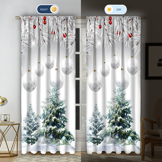 Christmas curtain with a snowy village scene, Santa Claus, flying reindeer, and piles of wrapped gifts. - Image 31