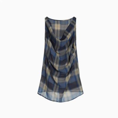 Blusa Tirantes Cuadros Vintage con Pliegues y Cuello Envolvente - Image 6