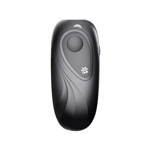 Dark gray handheld ultrasonic dog repeller and training device with a large button and a white paw print icon. - Image 9