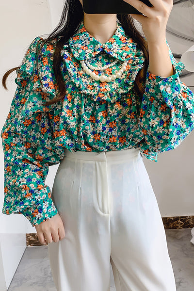 Blusa Floral de Chifón con Cuello de Muñeca y Volantes Encadenados - Image 7
