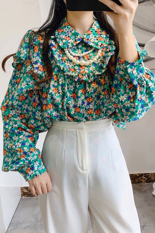 Blusa Floral de Chifón con Cuello de Muñeca y Volantes Encadenados - Image 7