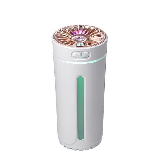 Pink cylindrical USB humidifier with a colorful light diffuser, control buttons, and a single fog outlet. - Image 6