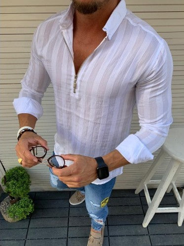 Camisa Casual de Rayas con Solapa y Cierre - Image 10