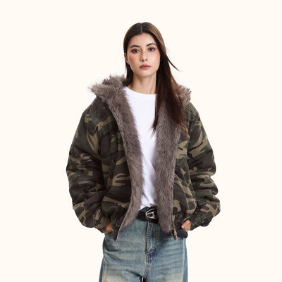 Chaqueta Acolchada con Capucha y Estampado Camuflaje