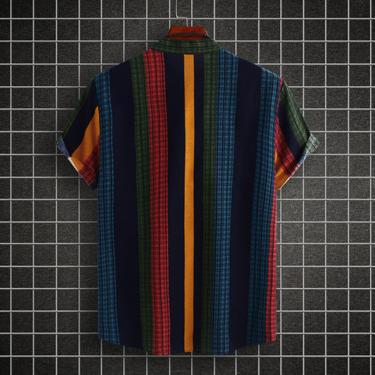 Camisa Étnica de Cuello Mao Rayas Algodón-Lino Manga Corta - Image 14